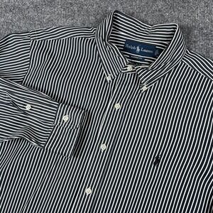 Vintage Polo Ralph Lauren Shirt Mens L Black White Striped Pony Long Sleeve